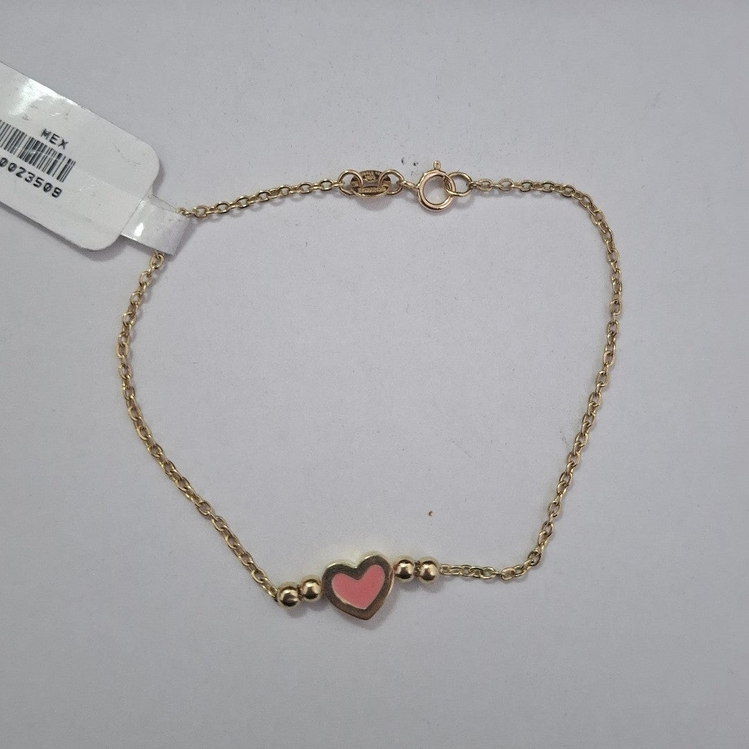 PULSERA TEJIDO ESPECIAL CON FIGURA CORAZON CON ESMALTE ROSA 14K 18 CM 1.9 GR (NUEVO)