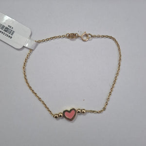 PULSERA TEJIDO ESPECIAL CON FIGURA CORAZON CON ESMALTE ROSA 14K 18 CM 1.9 GR (NUEVO)