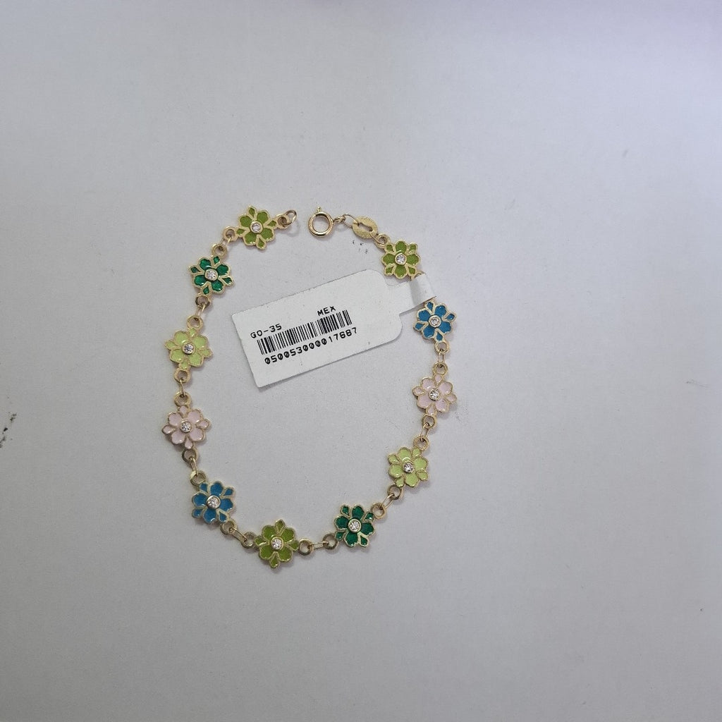 PULSERA ESPECIAL FLORES CON ESMALTE 14K 18 CM 4.7 GR (NUEVO)