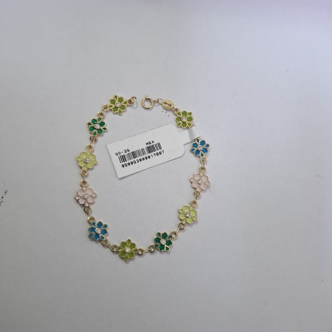PULSERA ESPECIAL FLORES CON ESMALTE 14K 18 CM 4.7 GR (NUEVO)