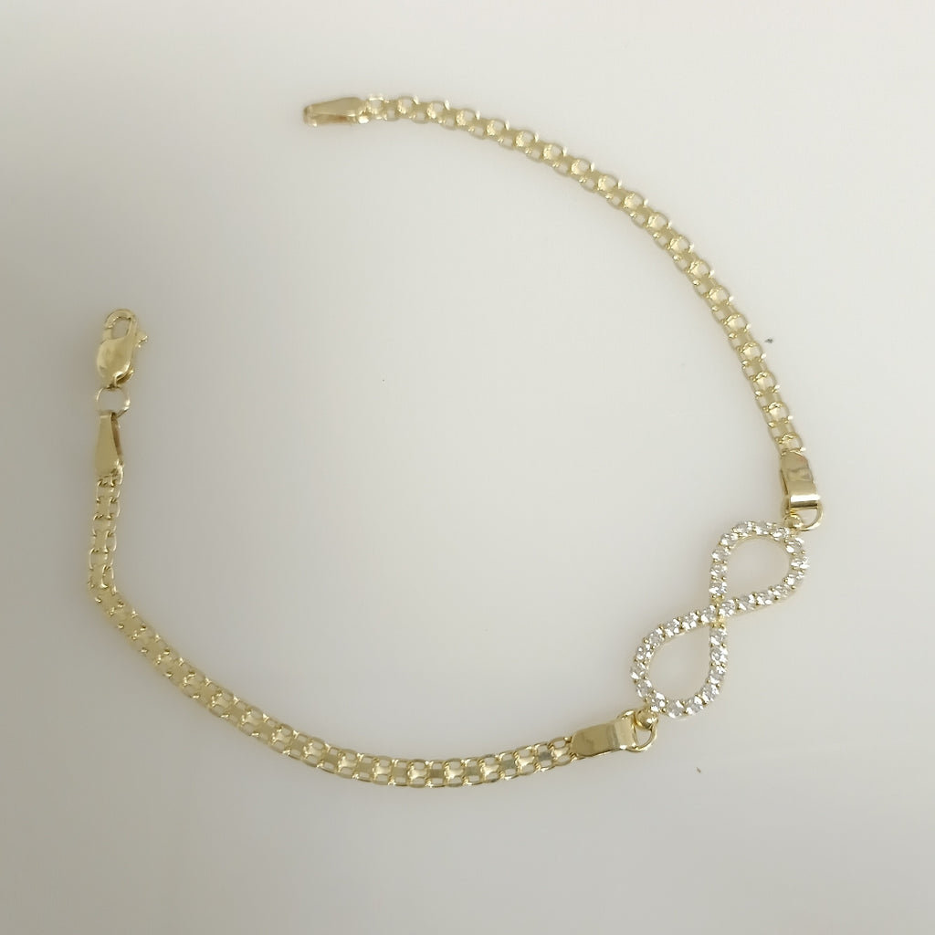 PULSERA TEJIDO ESPECIAL CON INFINITO Y CIRCONIAS 14K 18 CM 3.3 GR (NUEVO)