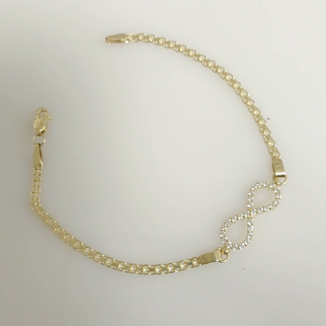 PULSERA TEJIDO ESPECIAL CON INFINITO Y CIRCONIAS 14K 18 CM 3.3 GR (NUEVO)