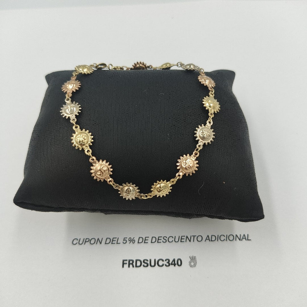 PULSERA TEJIDO ESPECIAL CON FIGURA SOLES COMBINADO 14K 18 CM 2.8 GR PTR14 (NUEVO)