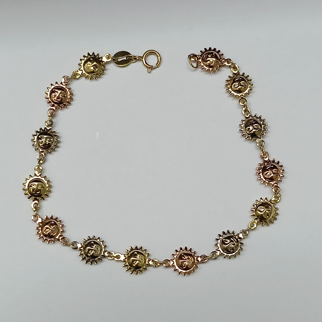 PULSERA TEJIDO ESPECIAL CON FIGURA SOLES COMBINADO 14K 18 CM 2.7 GR PTR14 (NUEVO)
