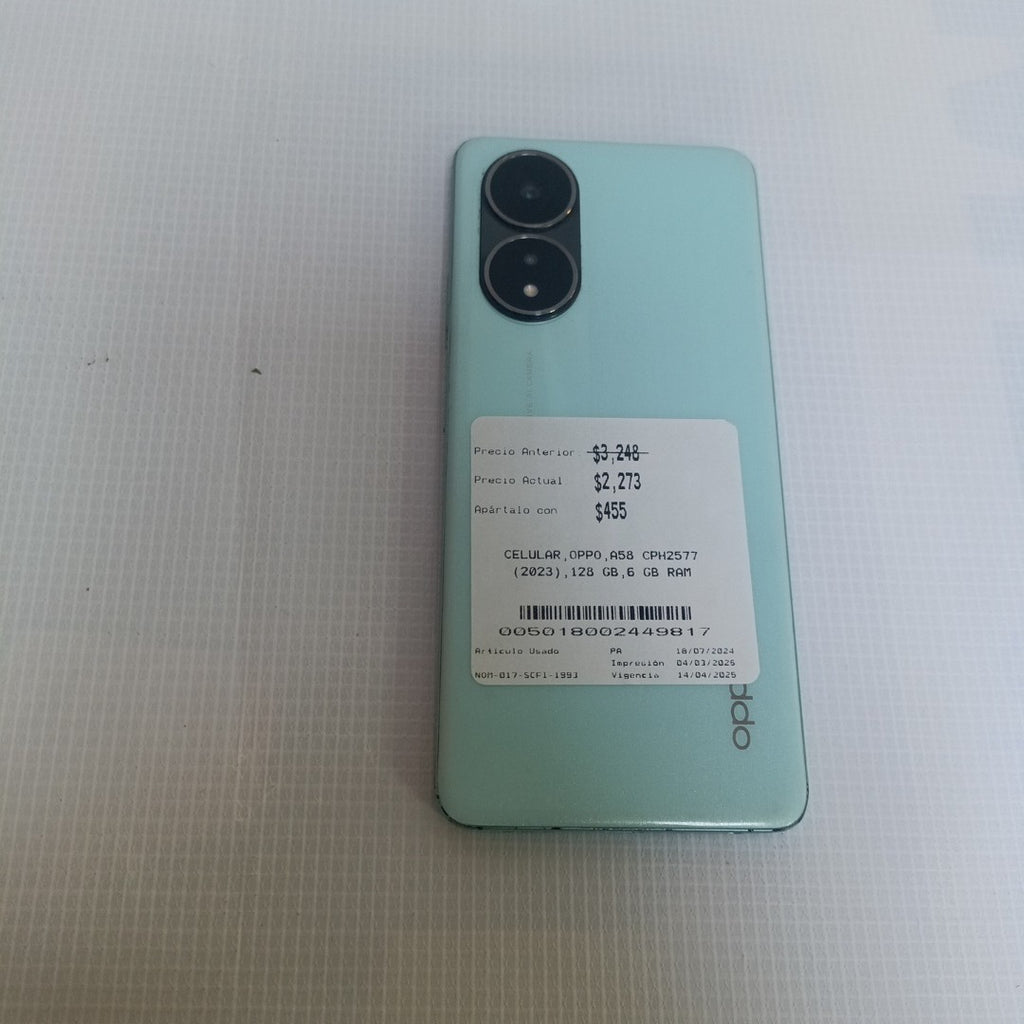 CELULAR OPPO  A58 CPH2577 (2023) 128 GB 6 GB RAM (SEMINUEVO)