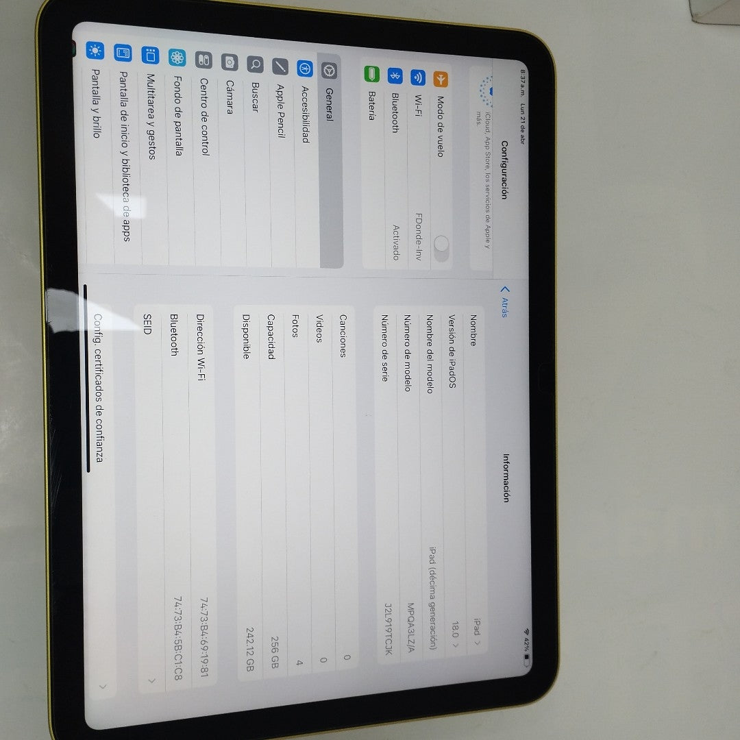 TABLETA APPLE IPAD 10 A2696 256 GB 4 GB RAM (SEMINUEVO)