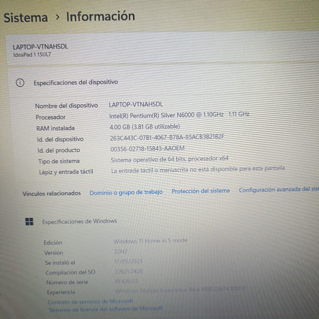 LAPTOP LENOVO IDEAPAD 1 15IGL7 (2022) 128 GB SSD 8 GB RAM (SEMINUEVO)