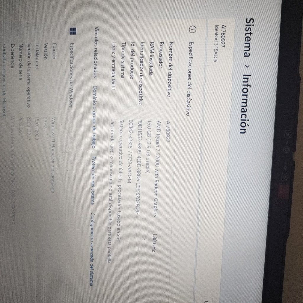 LAPTOP LENOVO IDEAPAD 3 15ALC6 (2023) 512 GB SSD 16 GB RAM (SEMINUEVO)