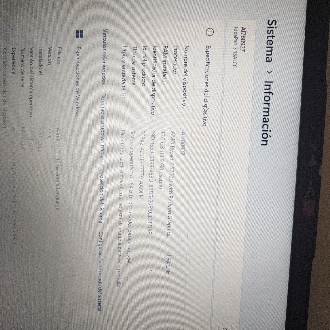 LAPTOP LENOVO IDEAPAD 3 15ALC6 (2023) 512 GB SSD 16 GB RAM (SEMINUEVO)