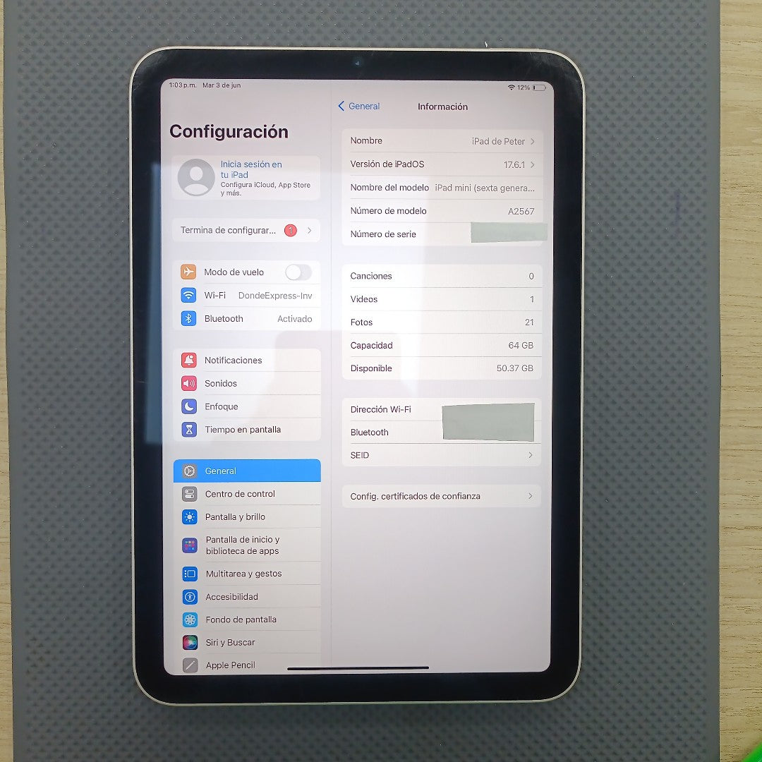 TABLETA APPLE IPAD MINI 6 A2567 64 GB 4 GB RAM (SEMINUEVO)