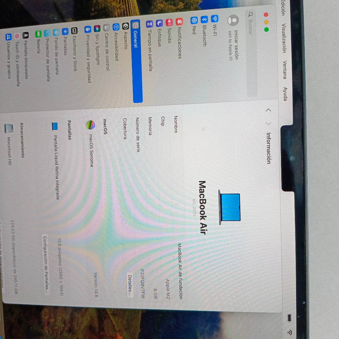 LAPTOP APPLE MACBOOK AIR 13" 2022 3.49 A2681 (8 CPU/8 GPU) 256 GB SSD 8 GB RAM (SEMINUEVO)