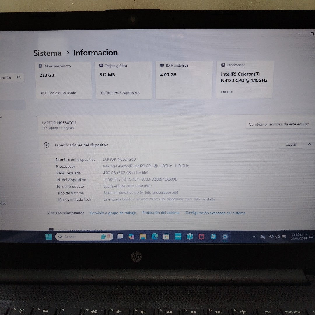 LAPTOP HP 14-DQ0501LA (2022) 256 GB SSD 4 GB RAM (SEMINUEVO)