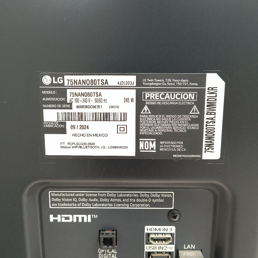 PANTALLA LG 75NANO80TSA (2024) 75" NANOCELL  4K (SEMINUEVO)