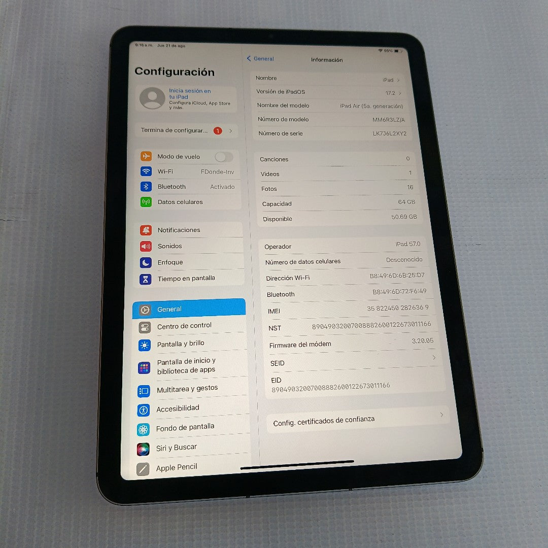 TABLETA APPLE IPAD AIR 5 A2589 64 GB 8 GB RAM (SEMINUEVO)