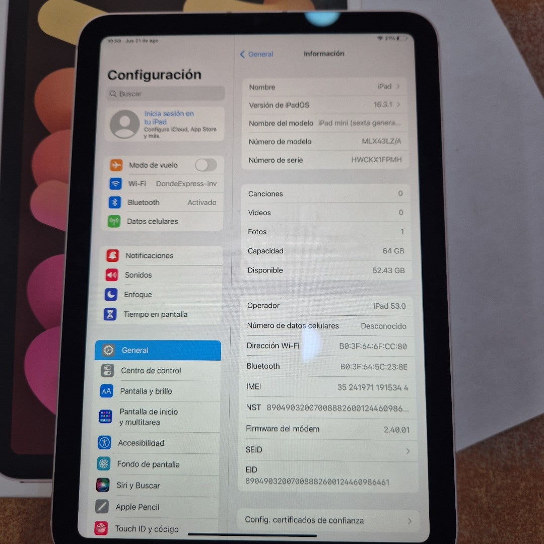 TABLETA APPLE IPAD MINI 6 A2568 64 GB 4 GB RAM (SEMINUEVO)