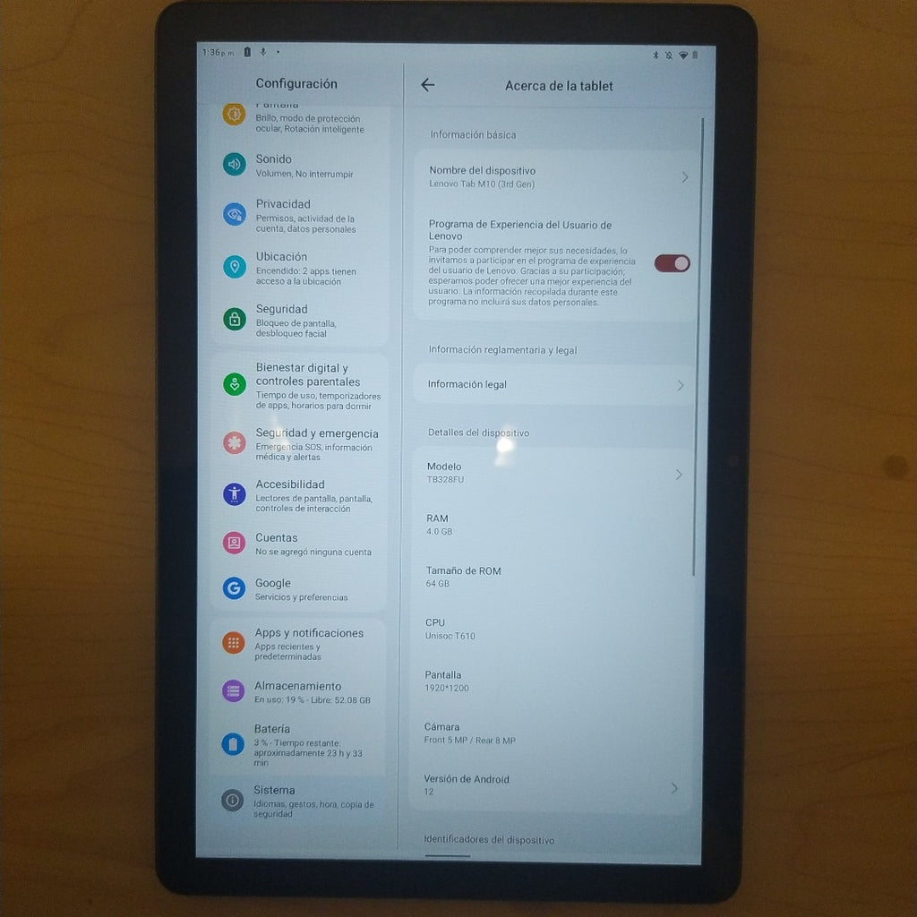 TABLETA LENOVO TAB M10 3 TB328FU 64 GB 4 GB RAM (SEMINUEVO)