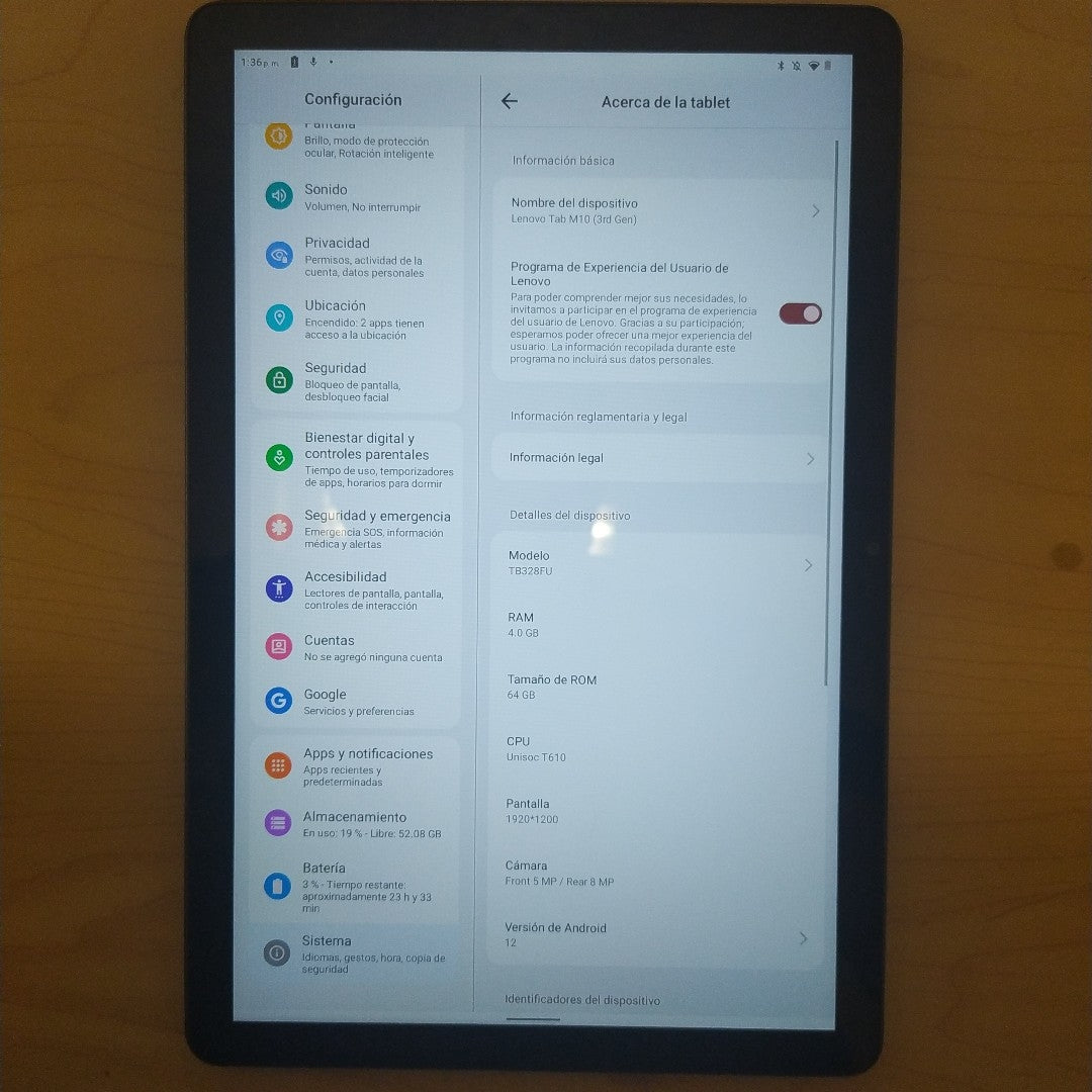 TABLETA LENOVO TAB M10 3 TB328FU 64 GB 4 GB RAM (SEMINUEVO)