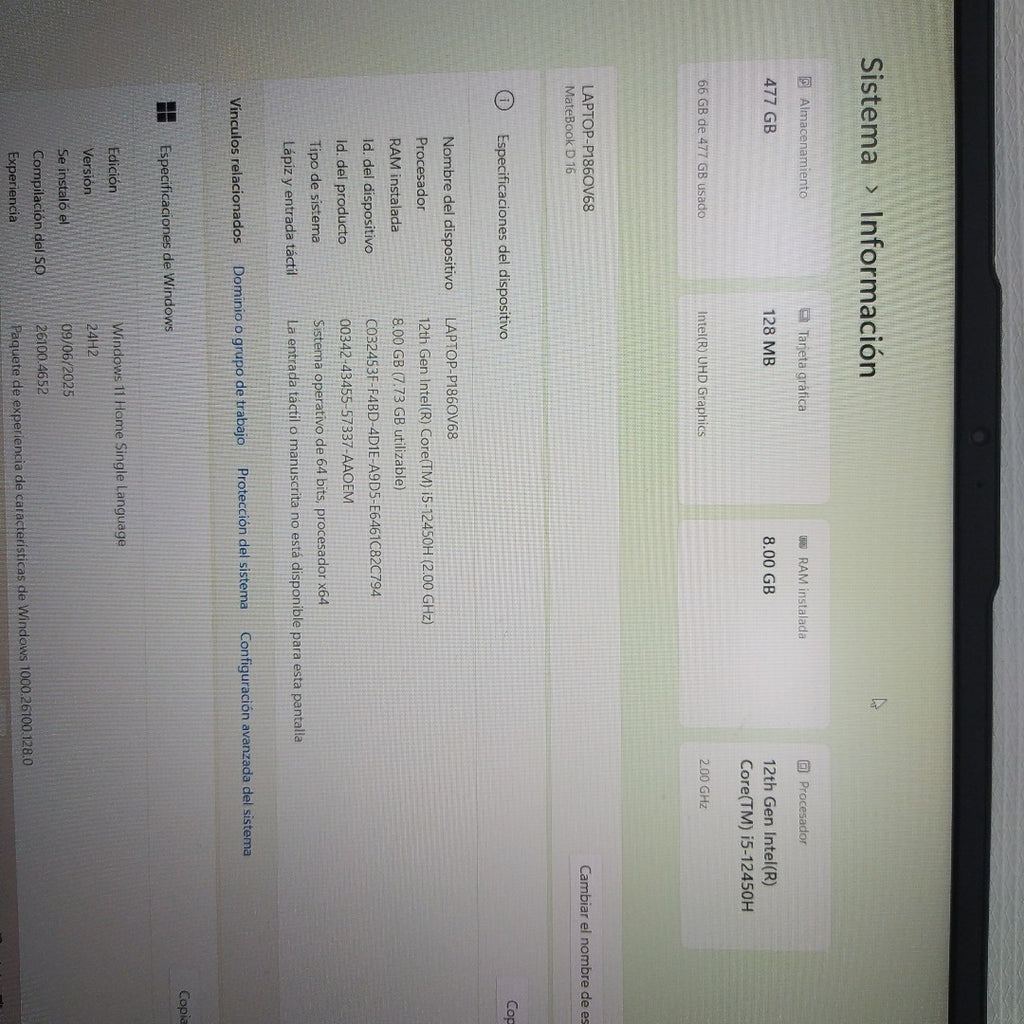 LAPTOP HUAWEI MATEBOOK D16 MCLF-X (2024) 512 GB SSD 8 GB RAM (SEMINUEVO)