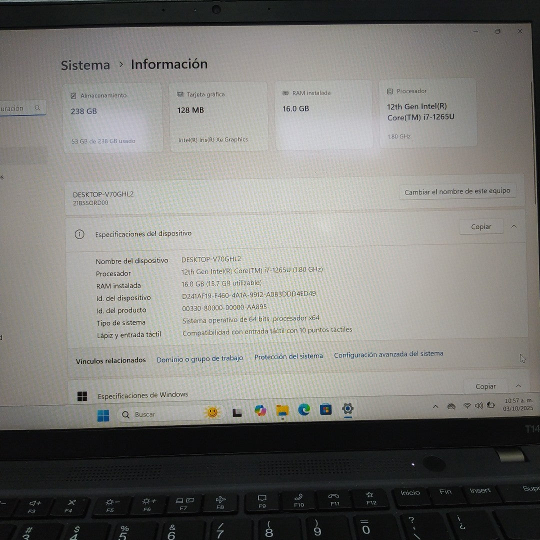 LAPTOP LENOVO THINKPAD T14S GEN 3 (2022) 256 GB SSD 16 GB RAM (SEMINUEVO)