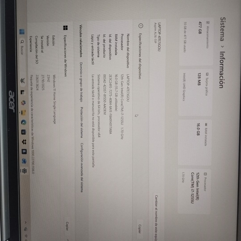 LAPTOP ACER ASPIRE LITE 16 AL16-51P-77VX (2024) 512 GB SSD 16 GB RAM (SEMINUEVO)