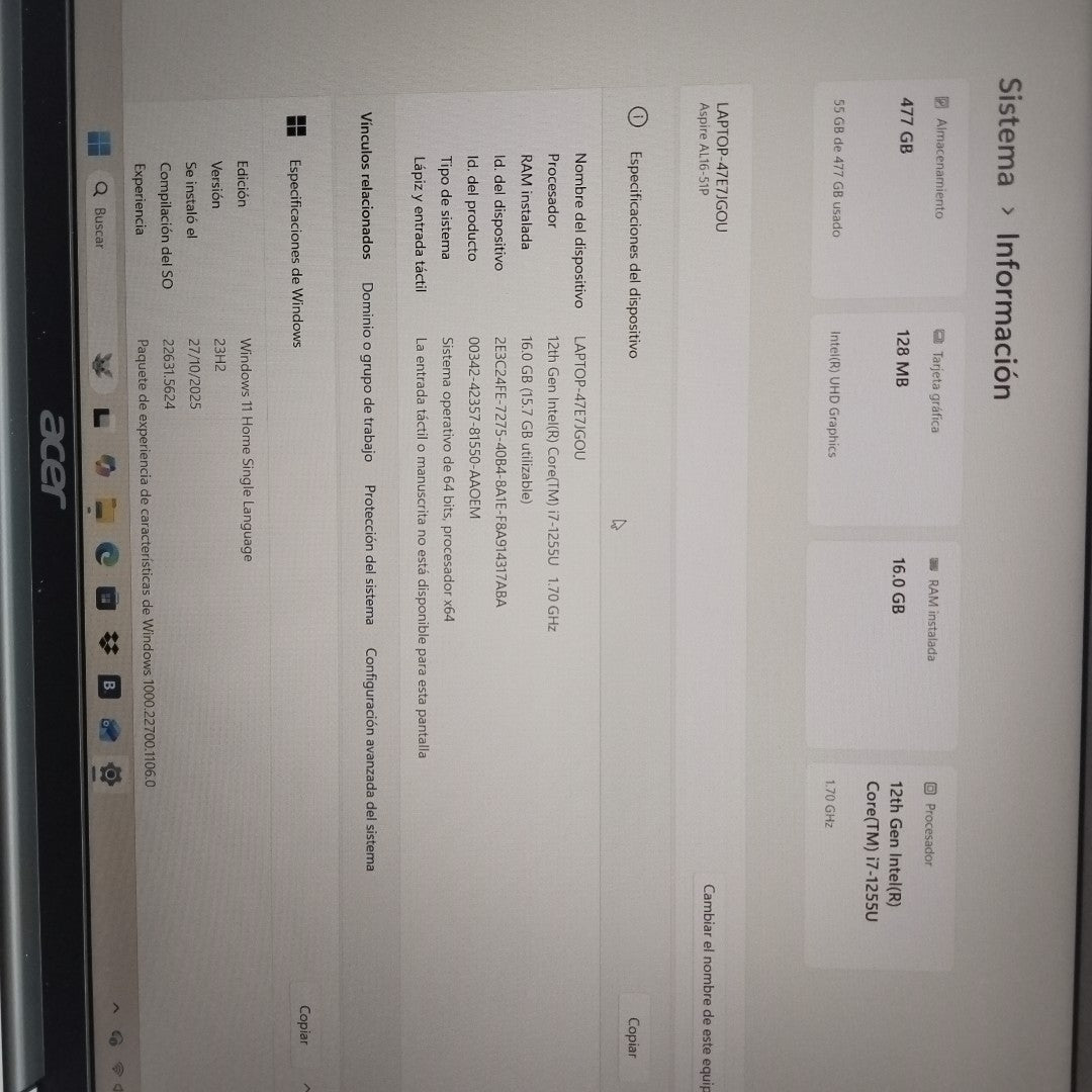 LAPTOP ACER ASPIRE LITE 16 AL16-51P-77VX (2024) 512 GB SSD 16 GB RAM (SEMINUEVO)