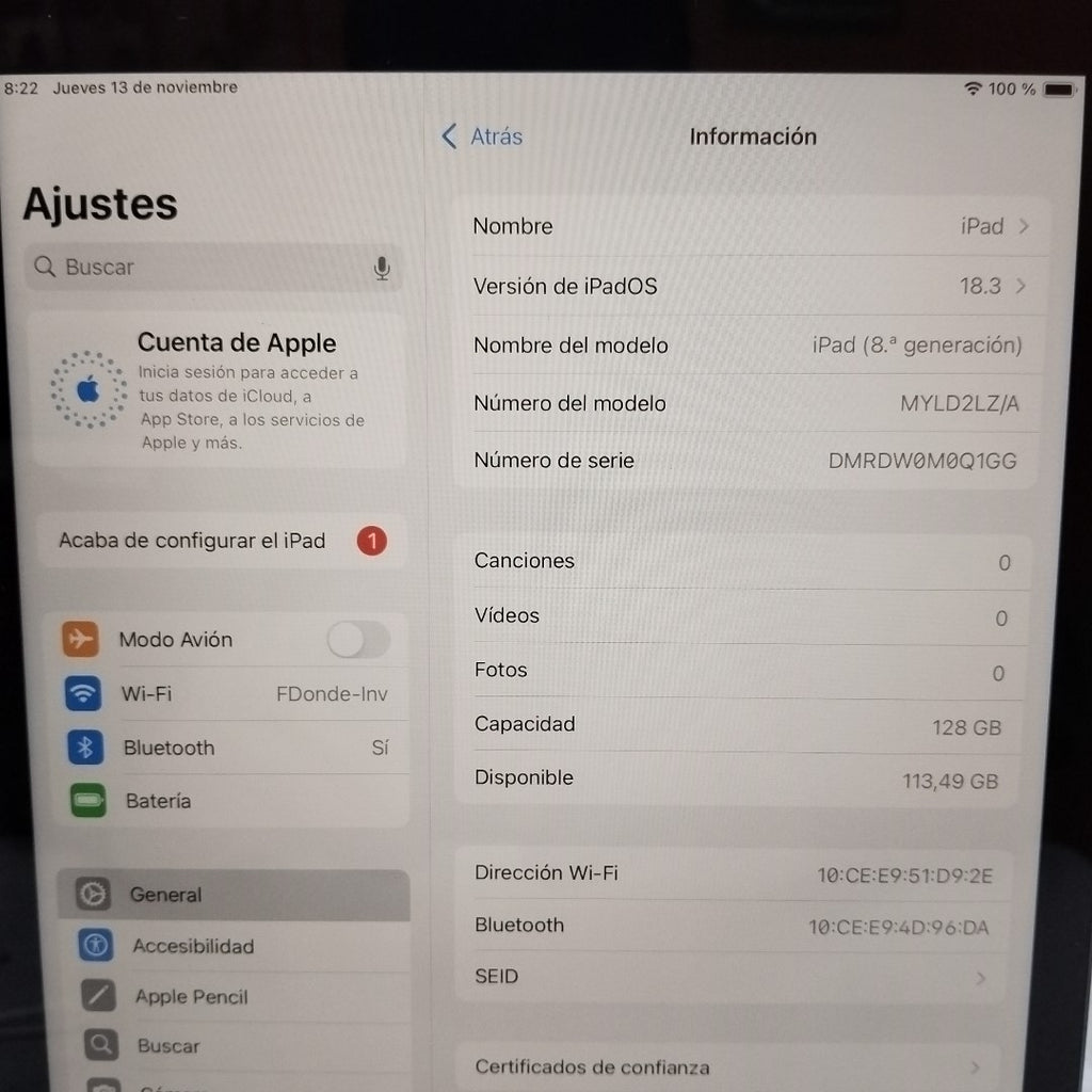 TABLETA APPLE IPAD 8 A2270 128 GB 3 GB RAM (SEMINUEVO)
