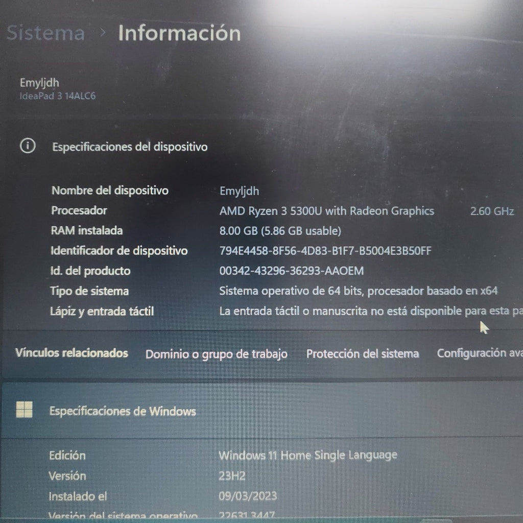 LAPTOP LENOVO IDEAPAD 3 14ALC6 (2022) 512 GB SSD 8 GB RAM (SEMINUEVO)