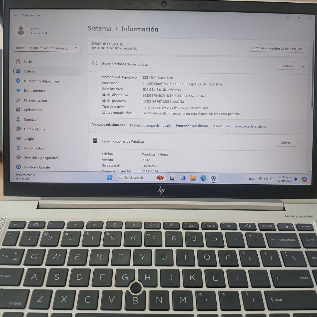LAPTOP HP ELITEBOOK 840 G7 (2021) 256 GB SSD 16 GB RAM (SEMINUEVO)