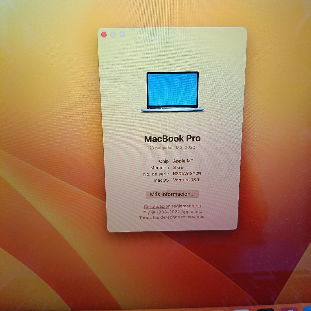 LAPTOP APPLE MACBOOK PRO 13" 2022 3.49 A2338 256 GB SSD 8 GB RAM (SEMINUEVO)