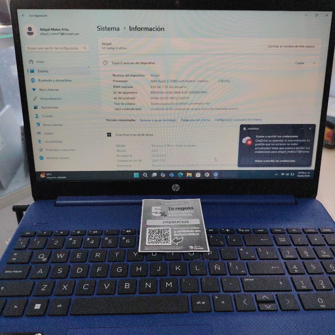 LAPTOP HP 15-EF2511LA (2022) 256 GB SSD 8 GB RAM (SEMINUEVO)
