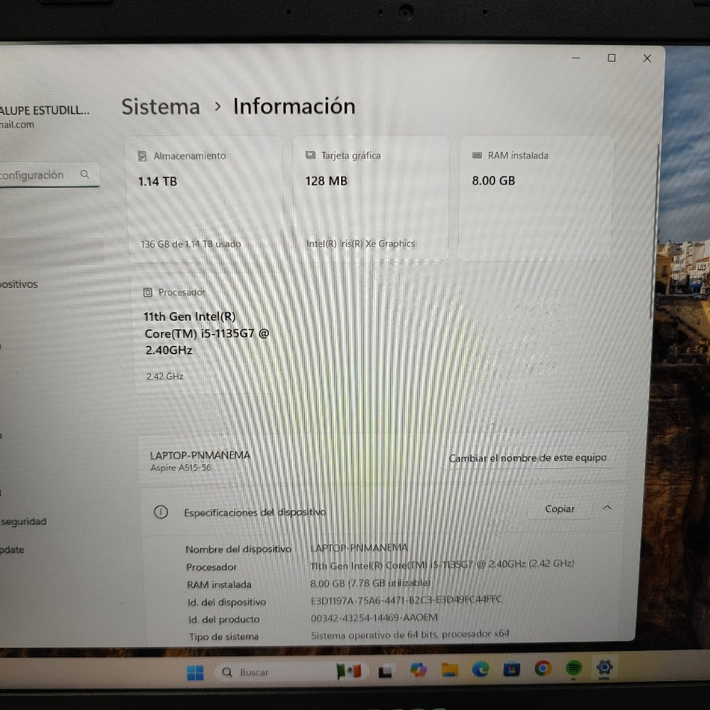LAPTOP ACER ASPIRE 5 A515-57T-373L (2022) 256 GB SSD 8 GB RAM (SEMINUEVO)