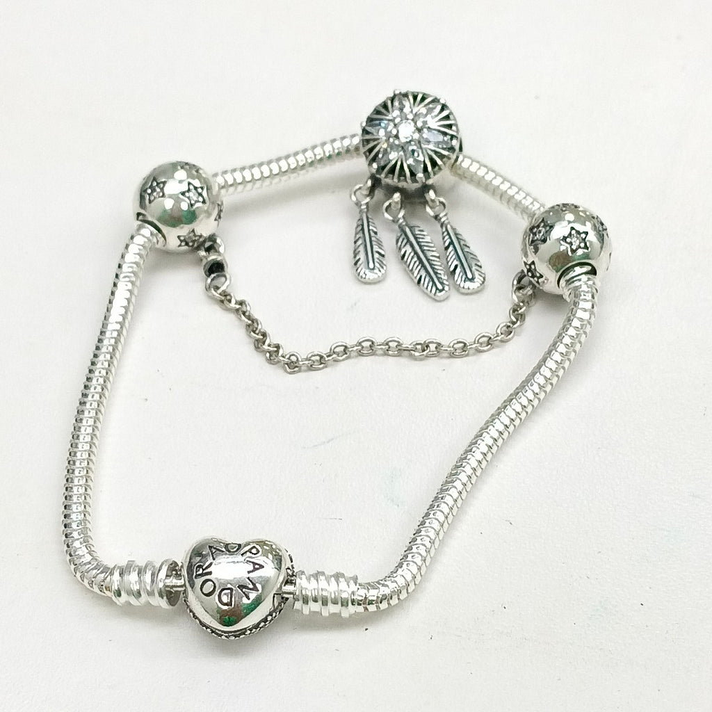 PULSERA TEJIDO ARTICULADA CON CHARMS PLATA .925 18 CM 20.8 GR (NUEVO)