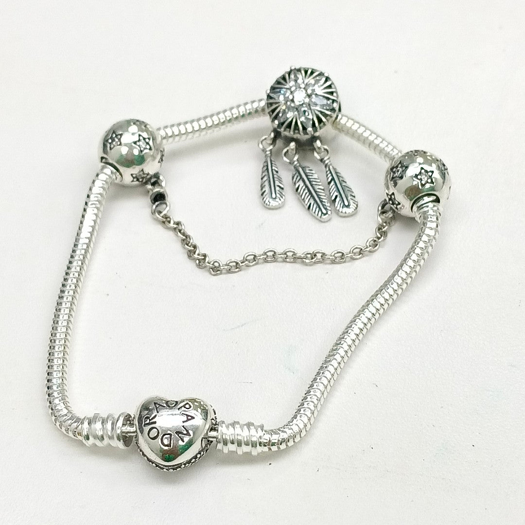 PULSERA TEJIDO ARTICULADA CON CHARMS PLATA .925 18 CM 20.8 GR (NUEVO)