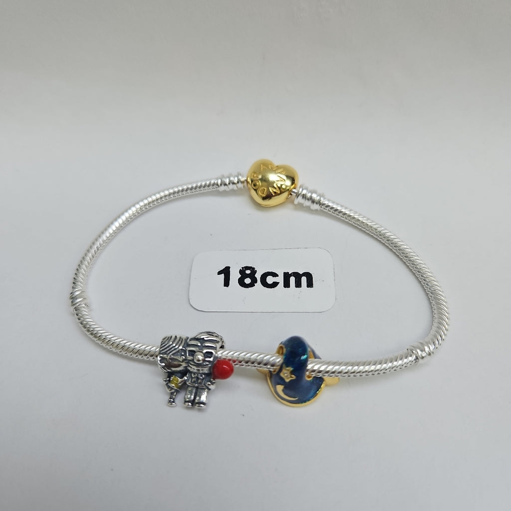 PULSERA TEJIDO ARTICULADA CON CHARMS PLATA .925 18 CM 19.6 GR (NUEVO)
