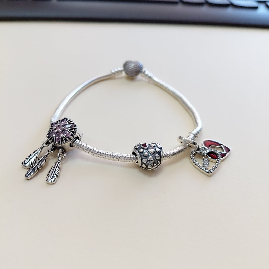 PULSERA TEJIDO ARTICULADA CON CHARMS PLATA .925 21 CM 19 GR (NUEVO)