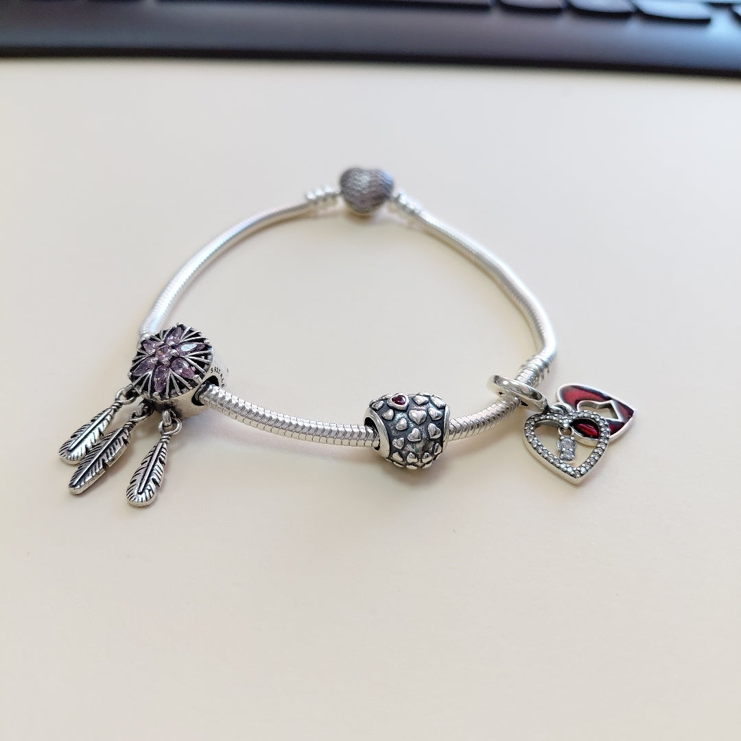 PULSERA TEJIDO ARTICULADA CON CHARMS PLATA .925 21 CM 19 GR (NUEVO)