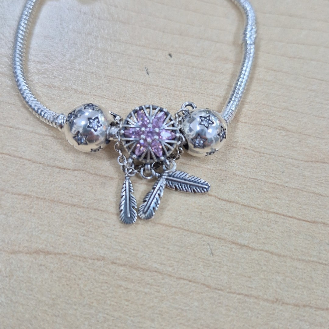 PULSERA TEJIDO ARTICULADA CON CHARMS PLATA .925 18 CM 19.9 GR (NUEVO)