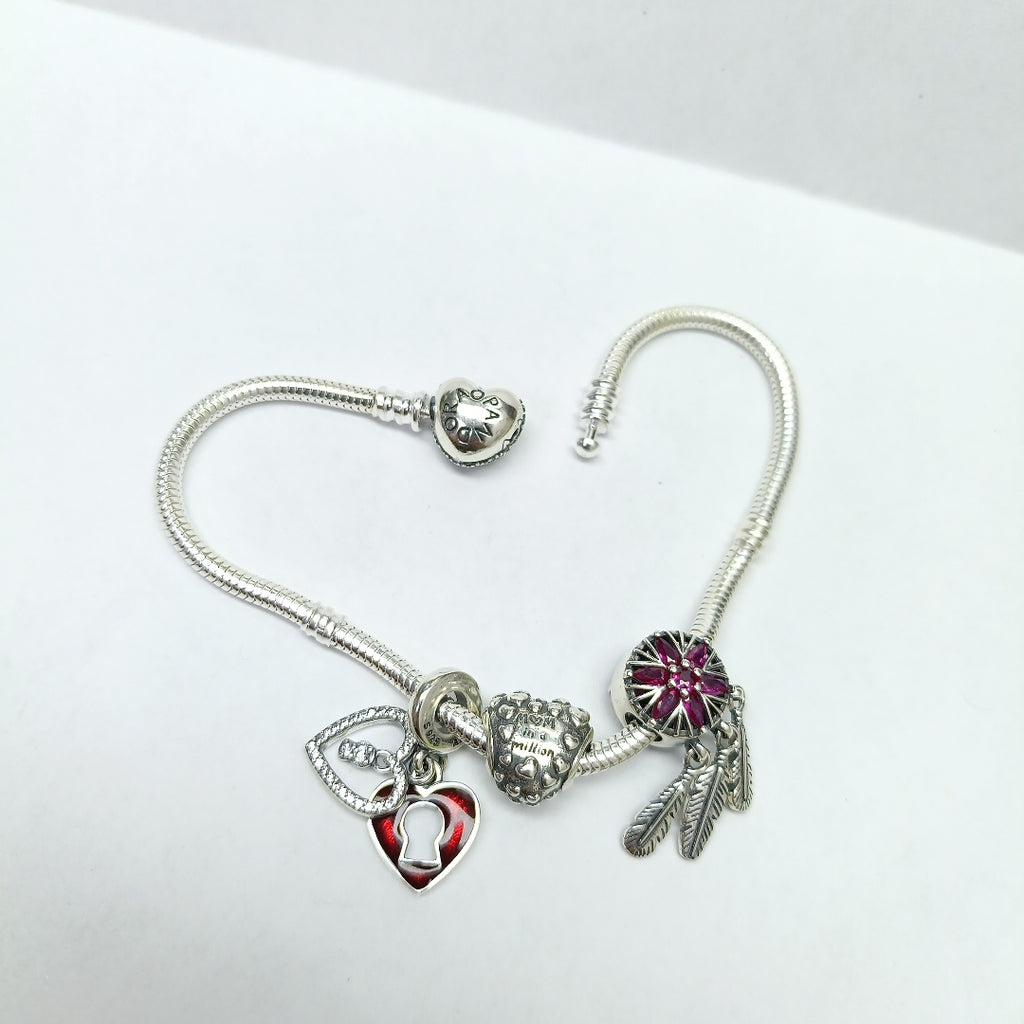 PULSERA TEJIDO ARTICULADA CON CHARMS PLATA .925 21 CM 19.1 GR (NUEVO)