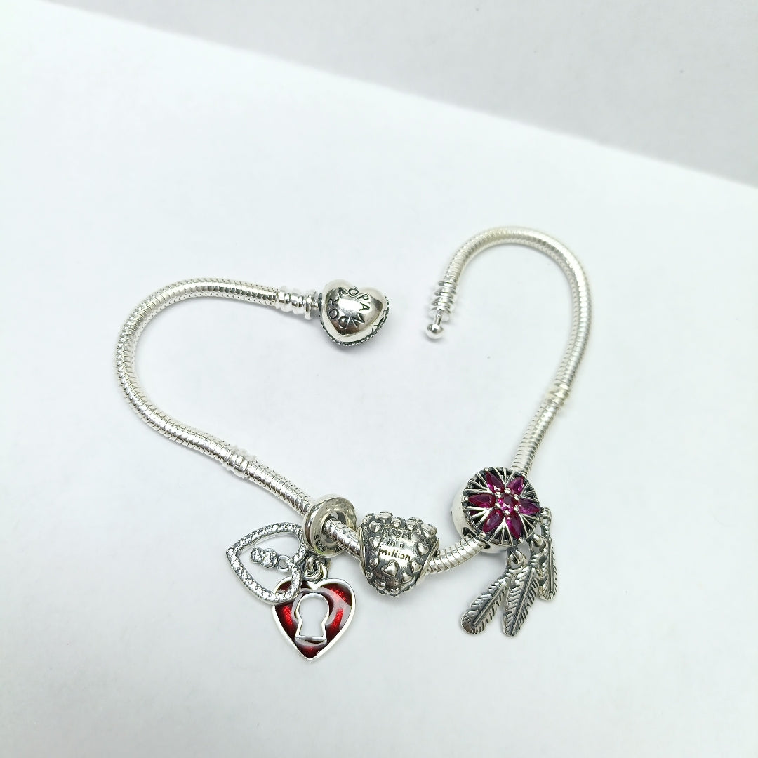 PULSERA TEJIDO ARTICULADA CON CHARMS PLATA .925 21 CM 19.1 GR (NUEVO)