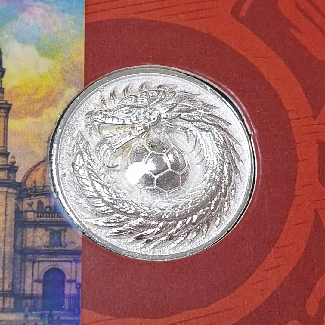 MEDALLA CONMEMORATIVA FRD FÚTBOL MOTIVO QUETZALCÓATL PLATA .925 11.9 GR (NUEVO)