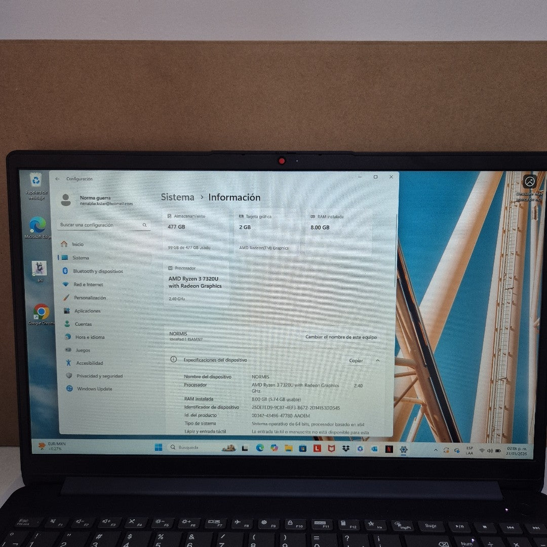 LAPTOP LENOVO IDEAPAD 1 15AMN7 (2023) 512 GB SSD 8 GB RAM (SEMINUEVO)