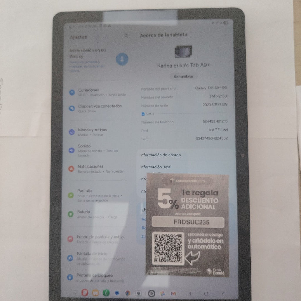 TABLETA SAMSUNG GALAXY TAB A9+ 5G SM-X218U (2023) 64 GB 4 GB RAM (SEMINUEVO)