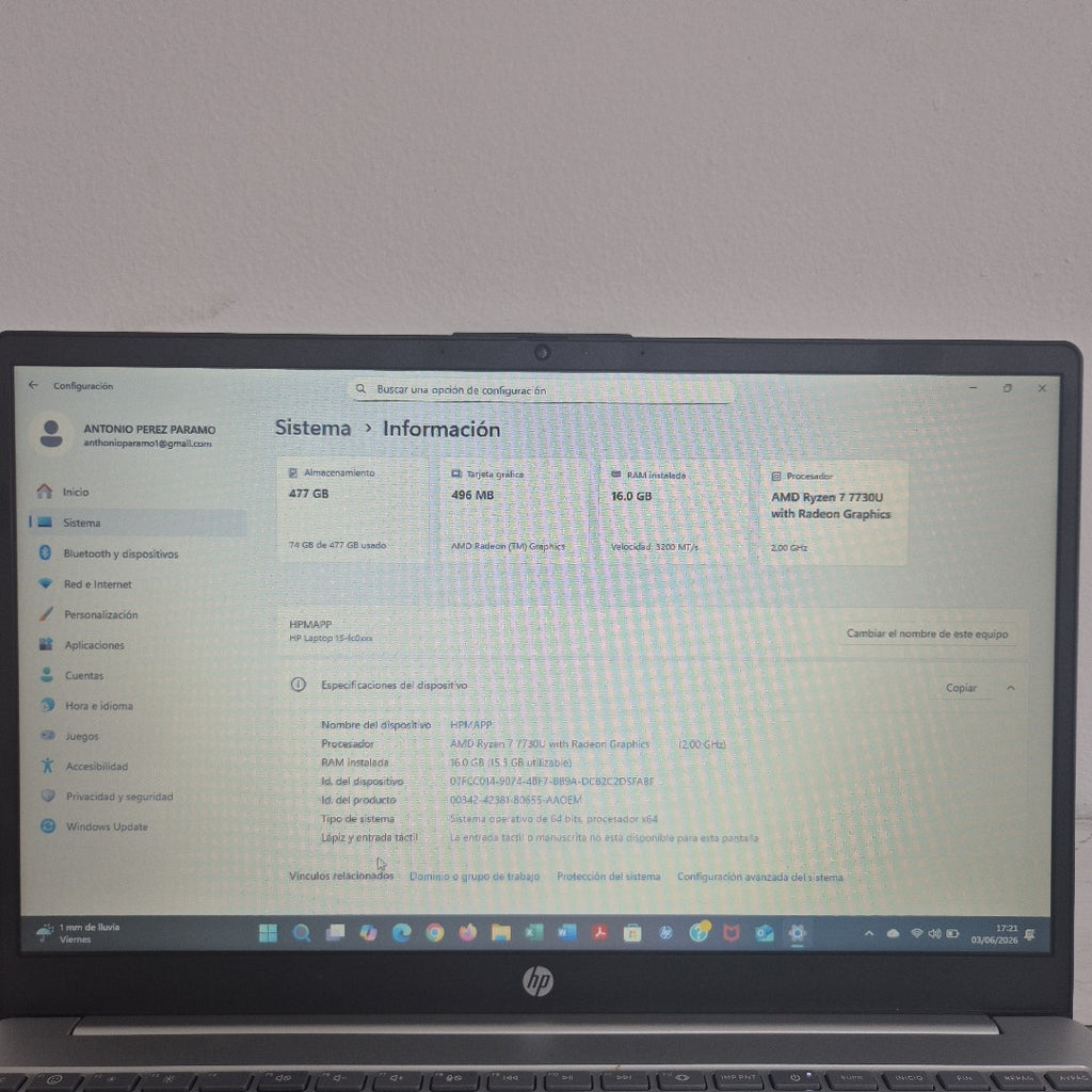 LAPTOP HP 15-FC0080LA (2024) 512 GB SSD 16 GB RAM (SEMINUEVO)