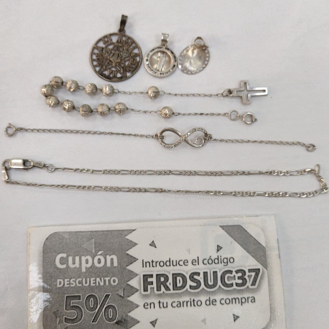 ANILLITO, ARETES PAR, ARRACADAS PAR, BRAZALETE, CADENA, DIJE PLATA 72.6 GRMS (SEMINUEVO)