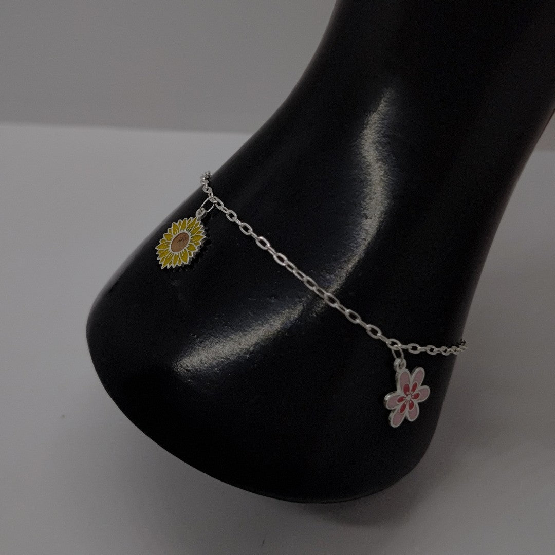 PULSERA TEJIDO ESPECIAL CON DIJE FLORES PLATA .925 21 CM 2.3 GR (NUEVO)