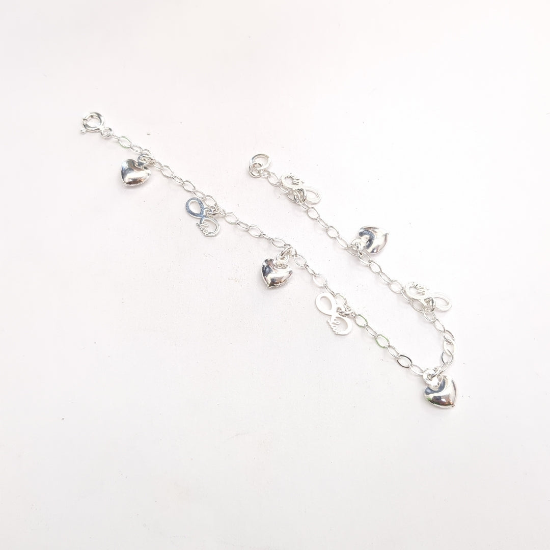 PULSERA CON DIJES CORAZON INFINITO PLATA .925 18 CM 3.22 GR (NUEVO)