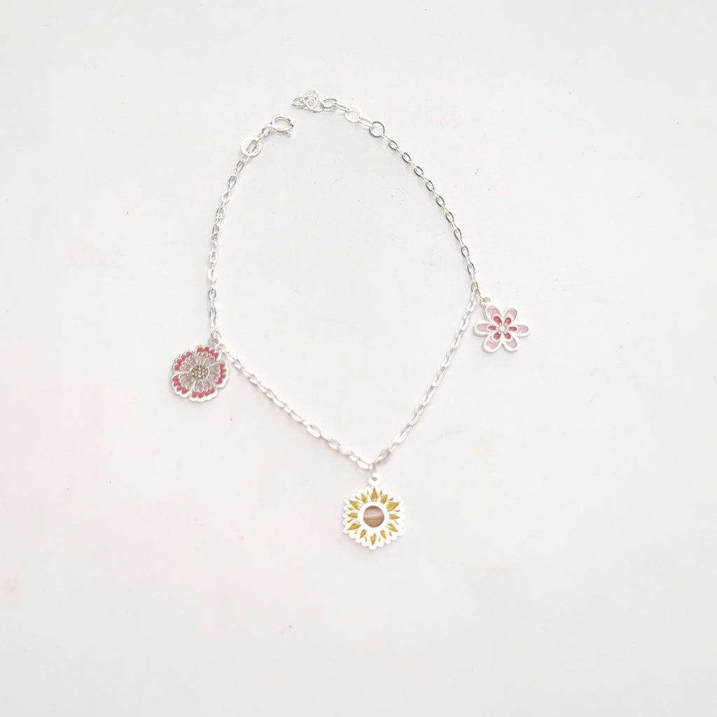PULSERA TEJIDO ESPECIAL CON DIJE FLORES PLATA .925 21 CM 2.3 GR (NUEVO)