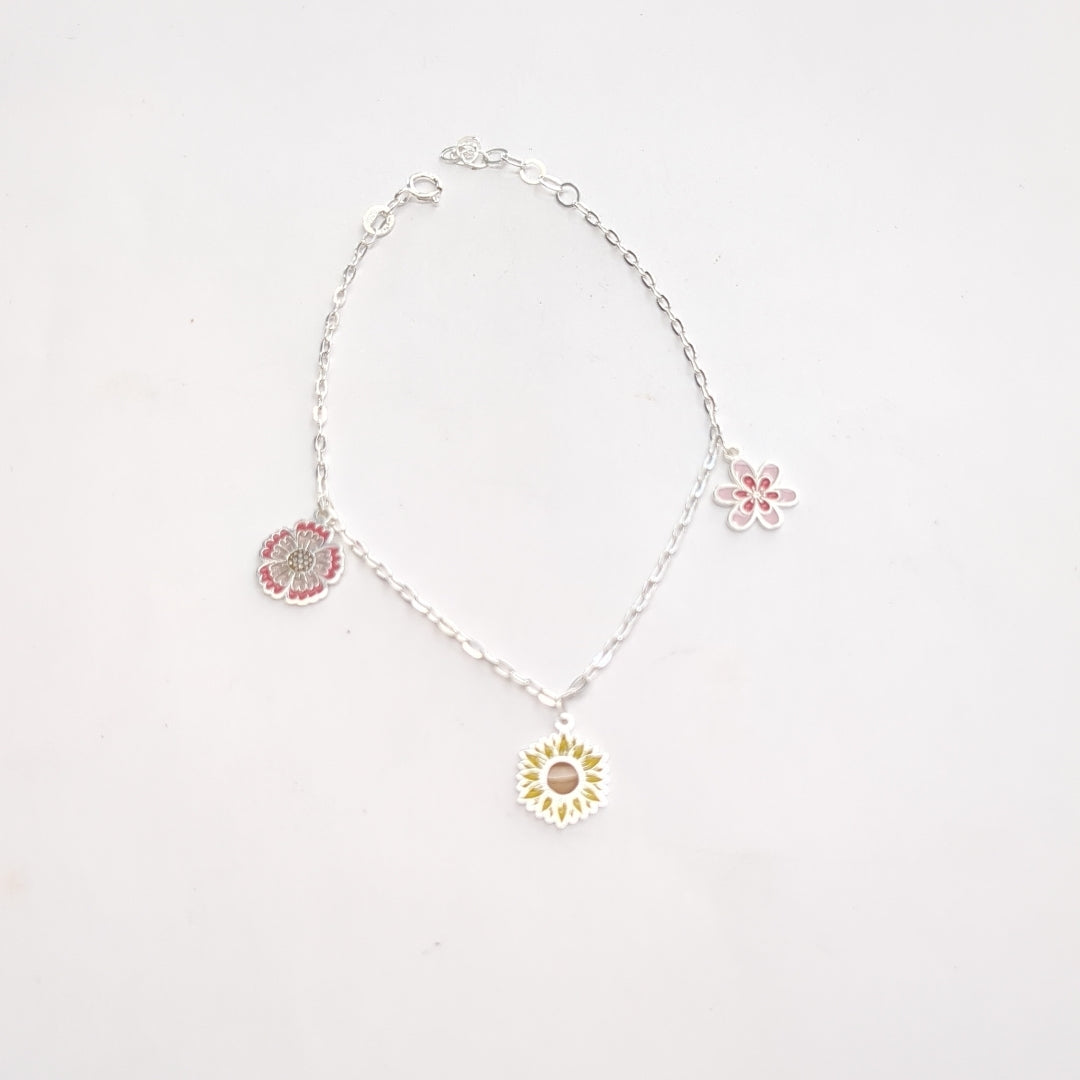 PULSERA TEJIDO ESPECIAL CON DIJE FLORES PLATA .925 21 CM 2.3 GR (NUEVO)