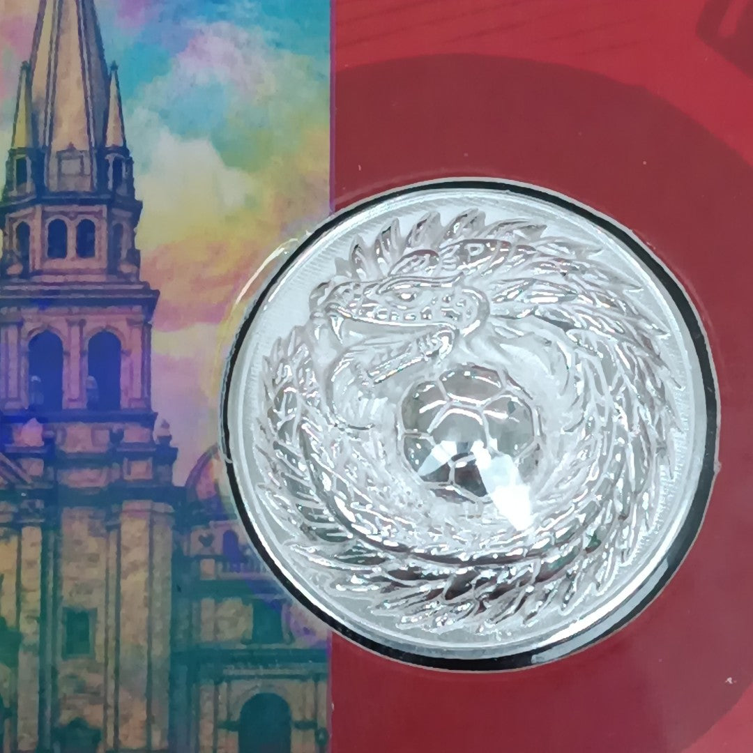 MEDALLA CONMEMORATIVA FRD FÚTBOL MOTIVO QUETZALCÓATL PLATA .925 11.9 GR (NUEVO)