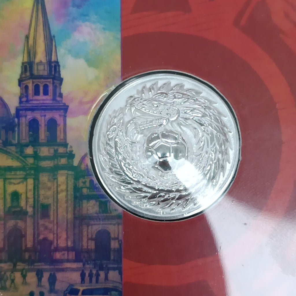 MEDALLA CONMEMORATIVA FRD FÚTBOL MOTIVO QUETZALCÓATL PLATA .925 11.9 GR (NUEVO)